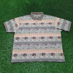 VTG 90s Cabelas Fishing AOP Polo Shirt Mens XXL (Tagged XL) Boxy Fit